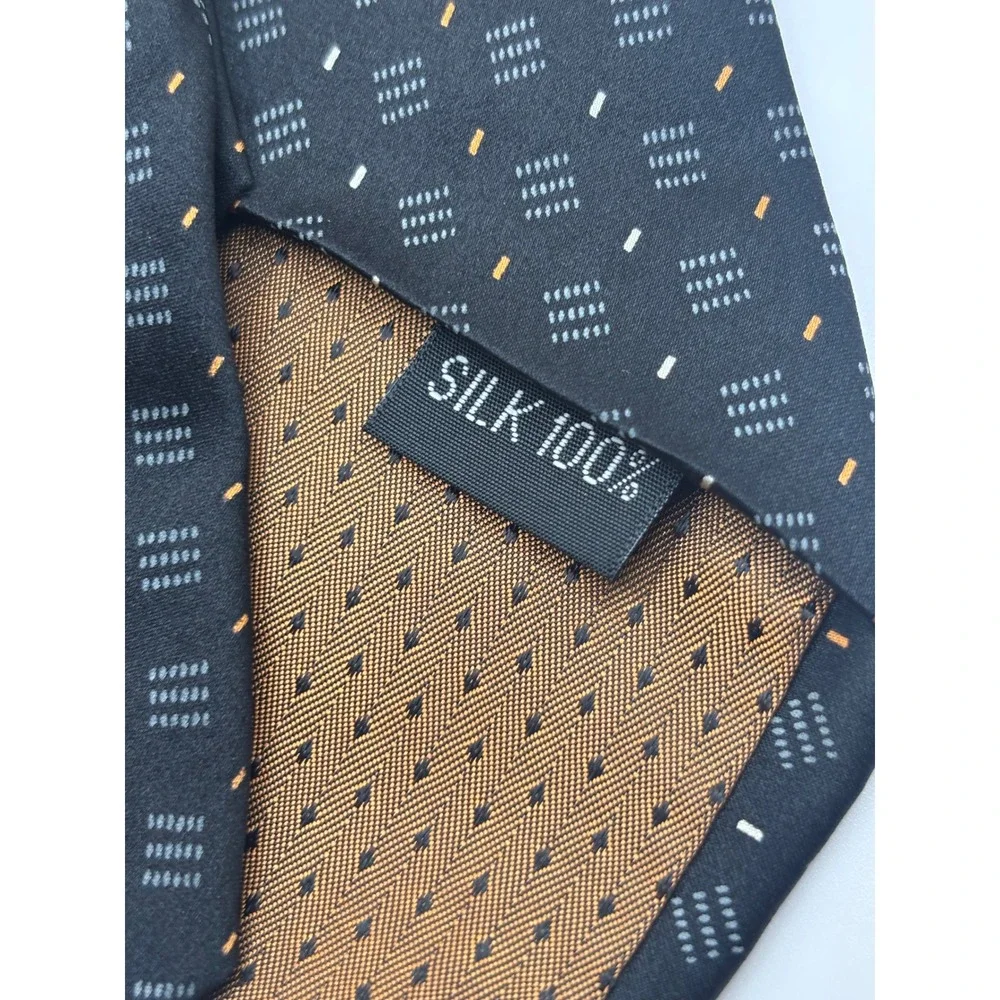 Clericci Mens Silk Necktie Navy Blue Orange Geometric Pattern Italian Style